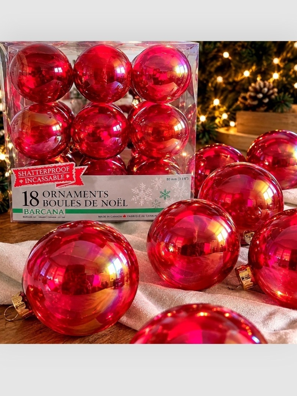 Vintage Barcana Red Iridescent/Holo Shatterproof Christmas Ornaments Set of 18
